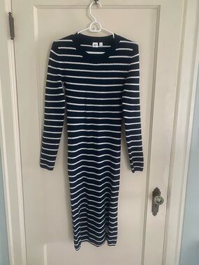 GAP Navy and White Striped Long-Sleeve Midi Dress